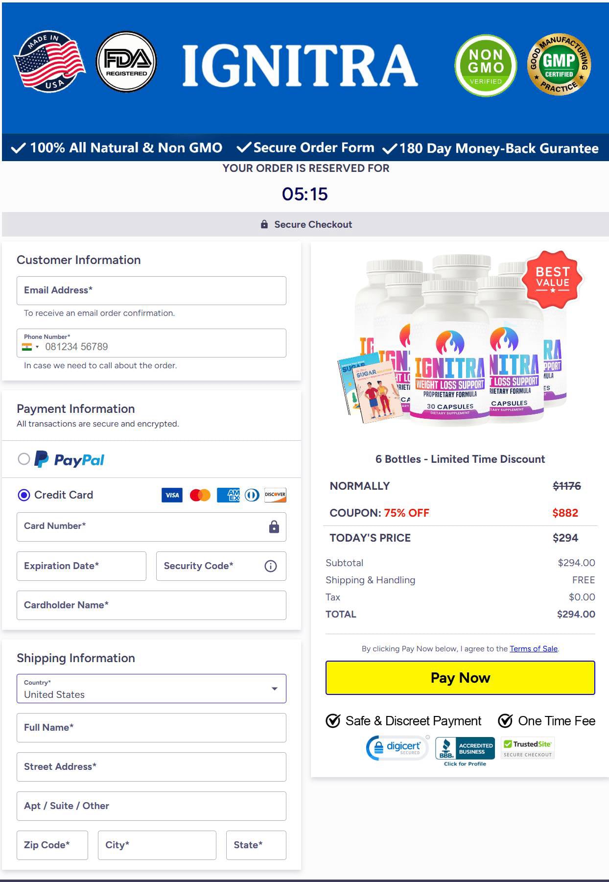 Ignitra Checkout Page.